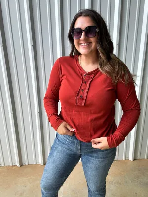 Emma Button Long Sleeve Top {Rust}