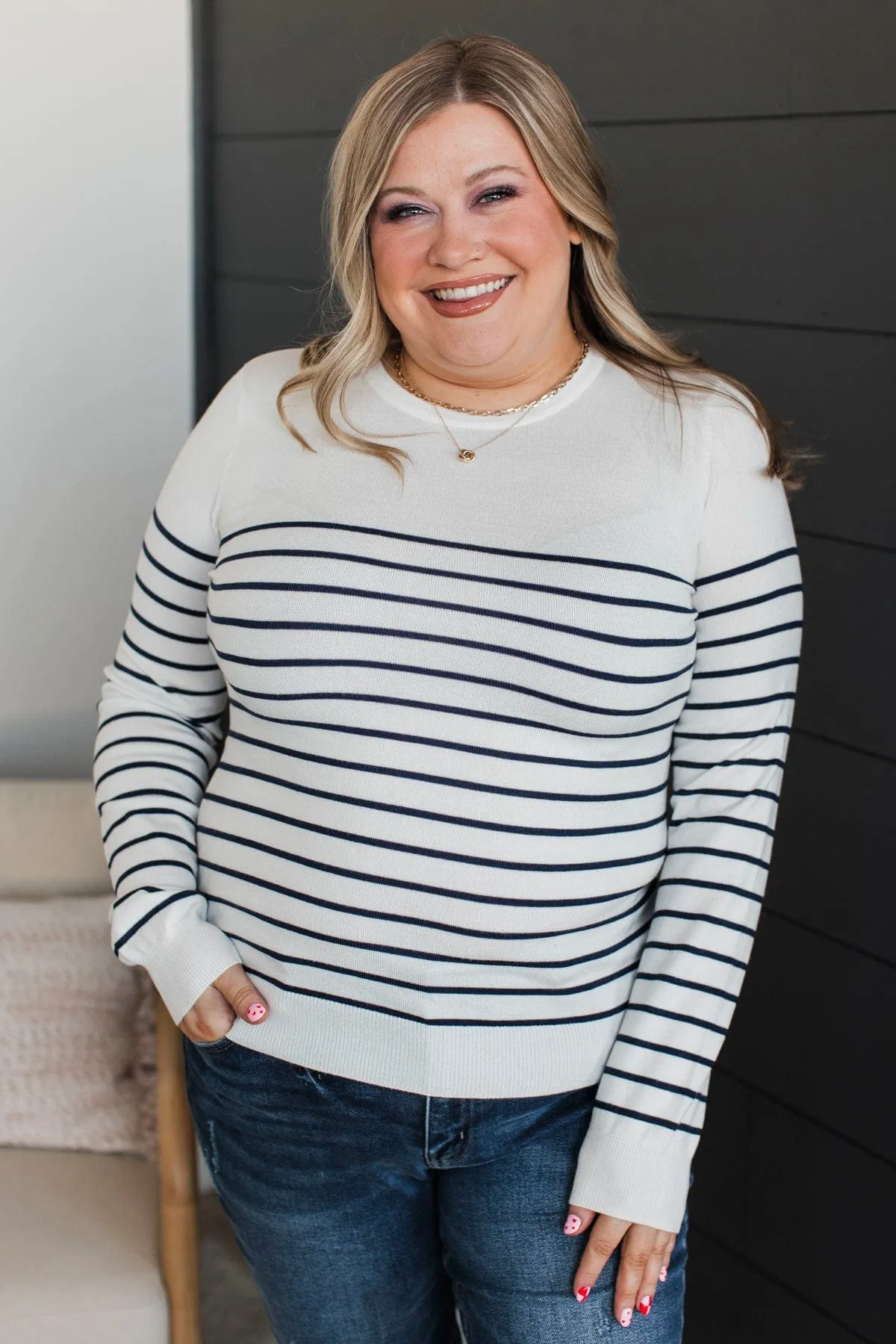 Enchanting Gazes Striped Sweater- Ivory & Navy