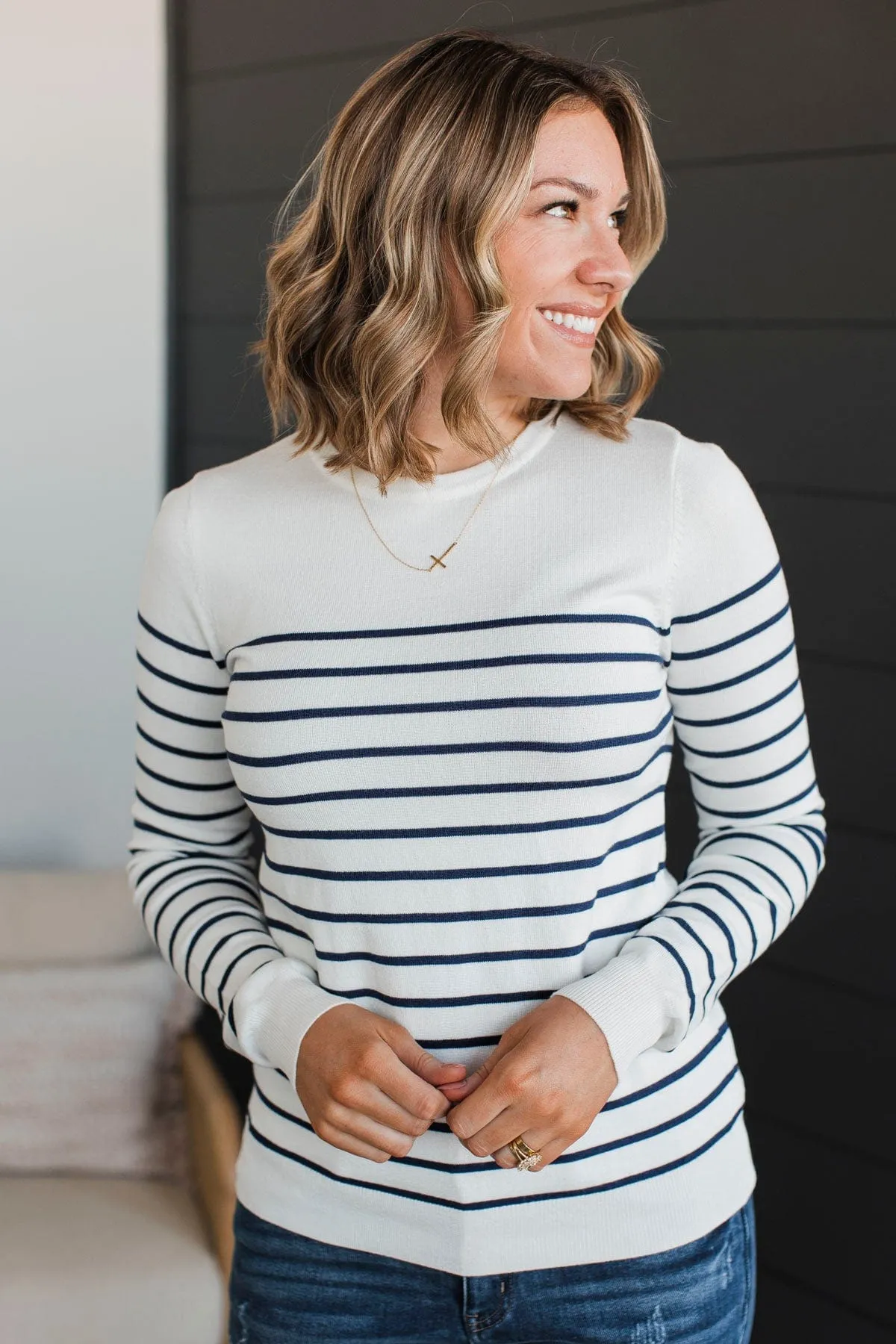 Enchanting Gazes Striped Sweater- Ivory & Navy