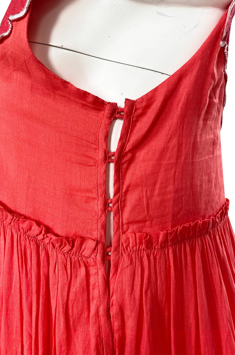 Fall 2019 Innika Choo Tiered Coral Cotton Full Length Embroidered Sun Dress