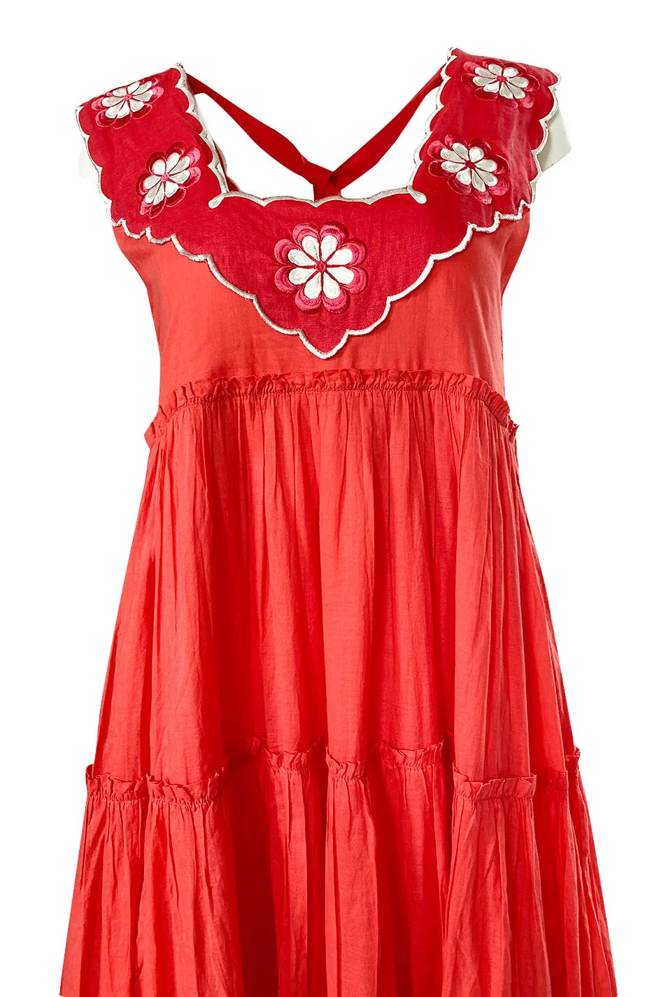 Fall 2019 Innika Choo Tiered Coral Cotton Full Length Embroidered Sun Dress