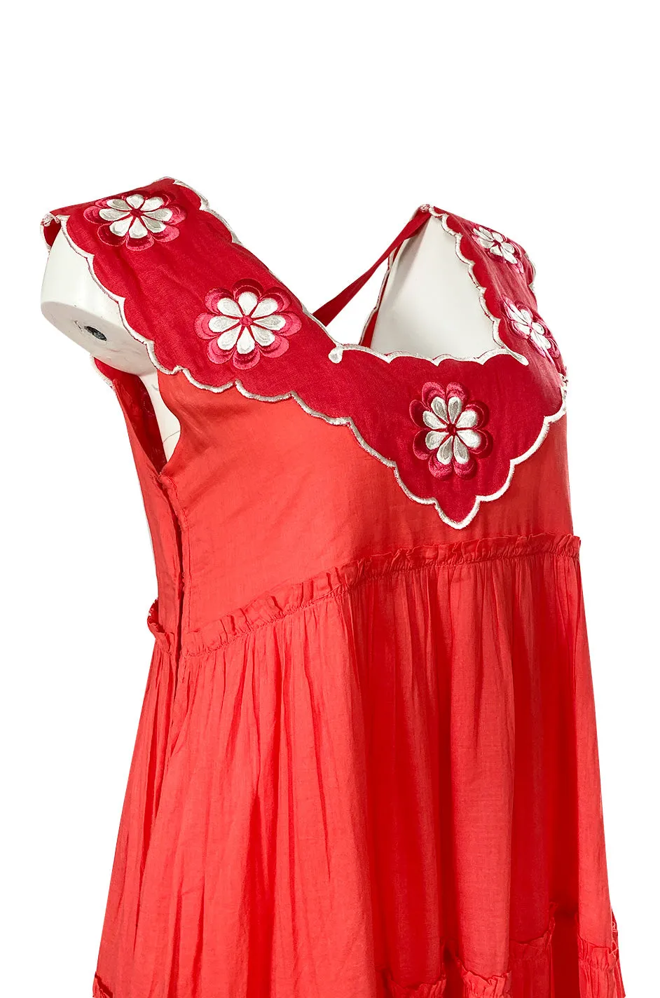 Fall 2019 Innika Choo Tiered Coral Cotton Full Length Embroidered Sun Dress