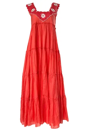 Fall 2019 Innika Choo Tiered Coral Cotton Full Length Embroidered Sun Dress