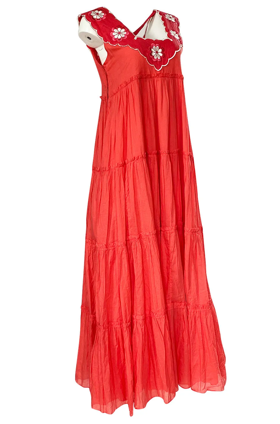 Fall 2019 Innika Choo Tiered Coral Cotton Full Length Embroidered Sun Dress