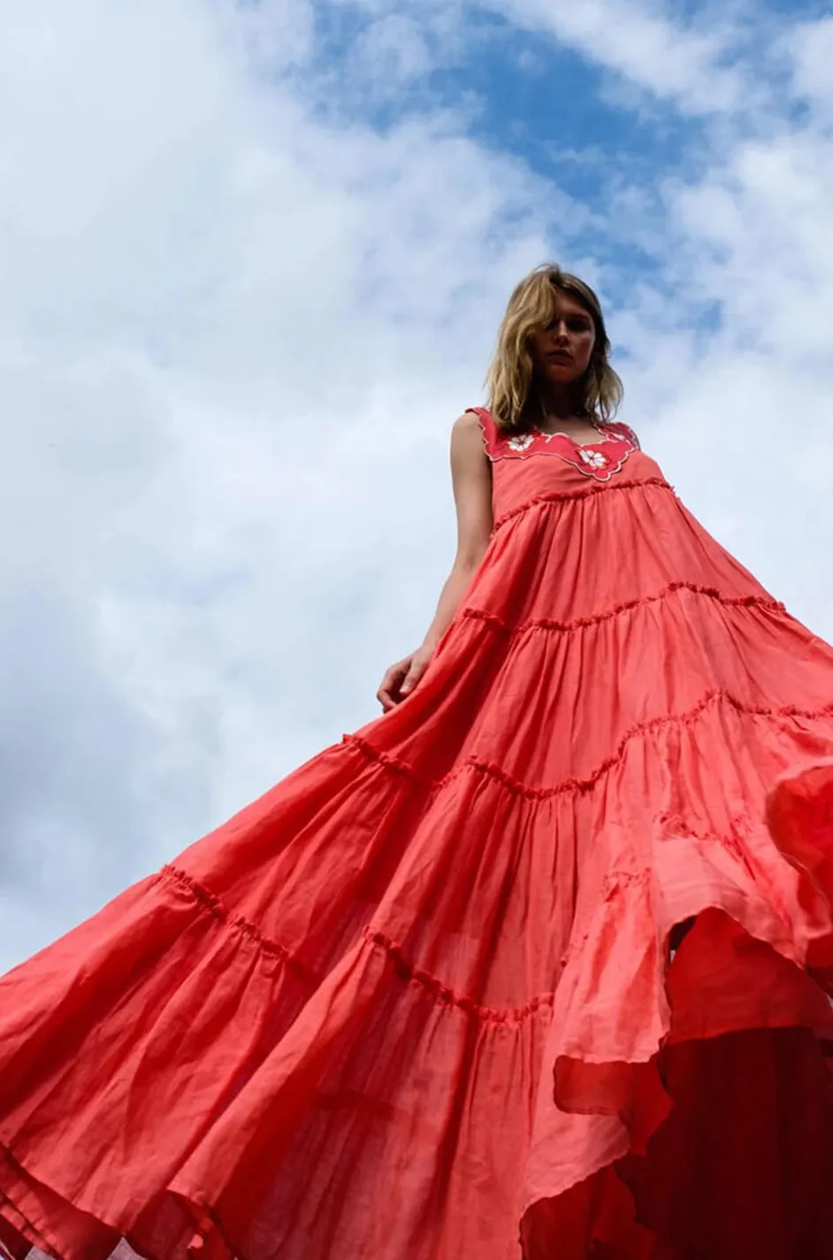 Fall 2019 Innika Choo Tiered Coral Cotton Full Length Embroidered Sun Dress