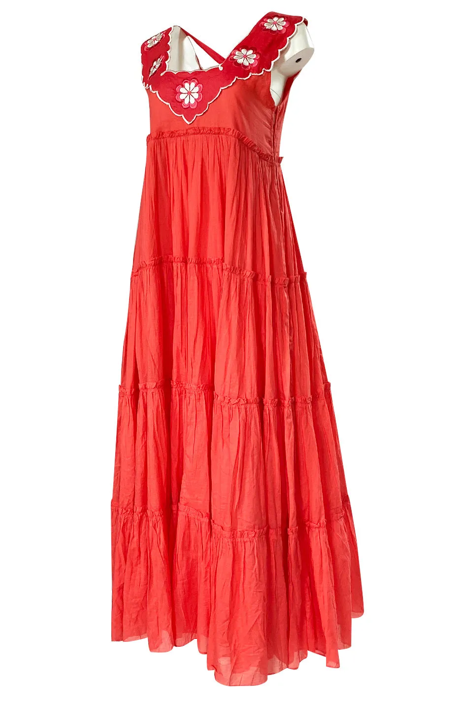Fall 2019 Innika Choo Tiered Coral Cotton Full Length Embroidered Sun Dress