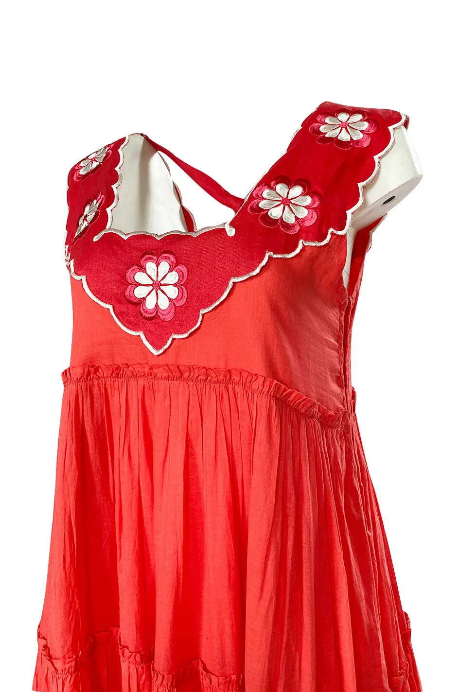 Fall 2019 Innika Choo Tiered Coral Cotton Full Length Embroidered Sun Dress