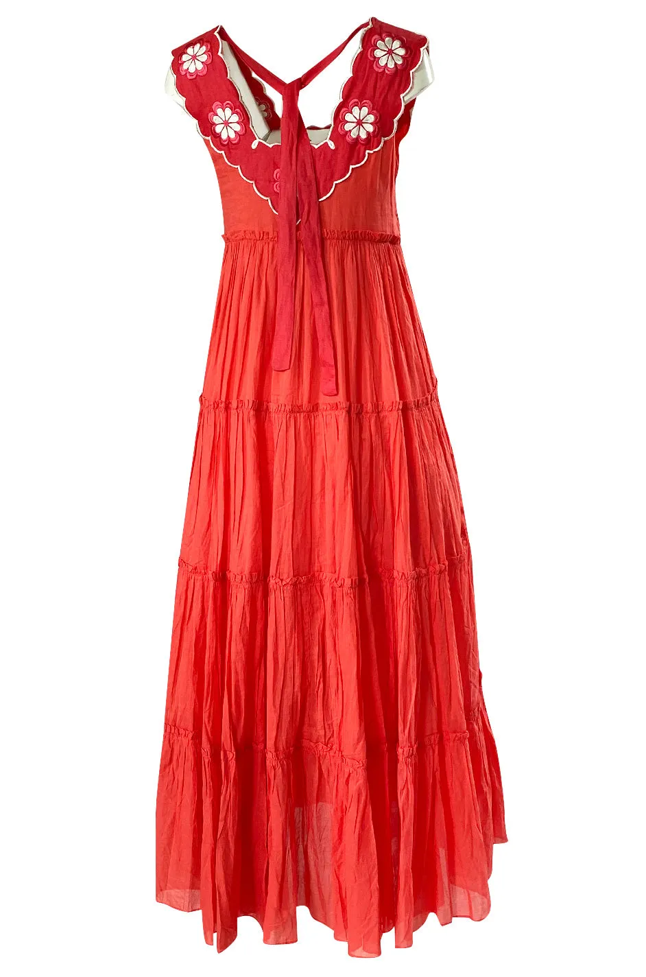 Fall 2019 Innika Choo Tiered Coral Cotton Full Length Embroidered Sun Dress