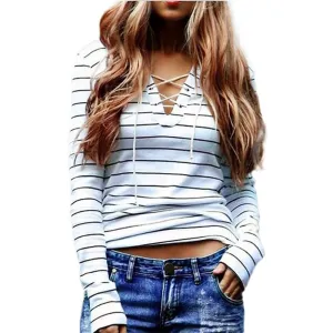 Fashion Lace Up T Shirts Women Striped Long Sleeve Casual V Neck Bandage tee shirt