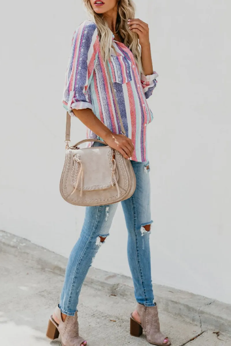 Fashion Striped Patchwork Turndown Collar Tops