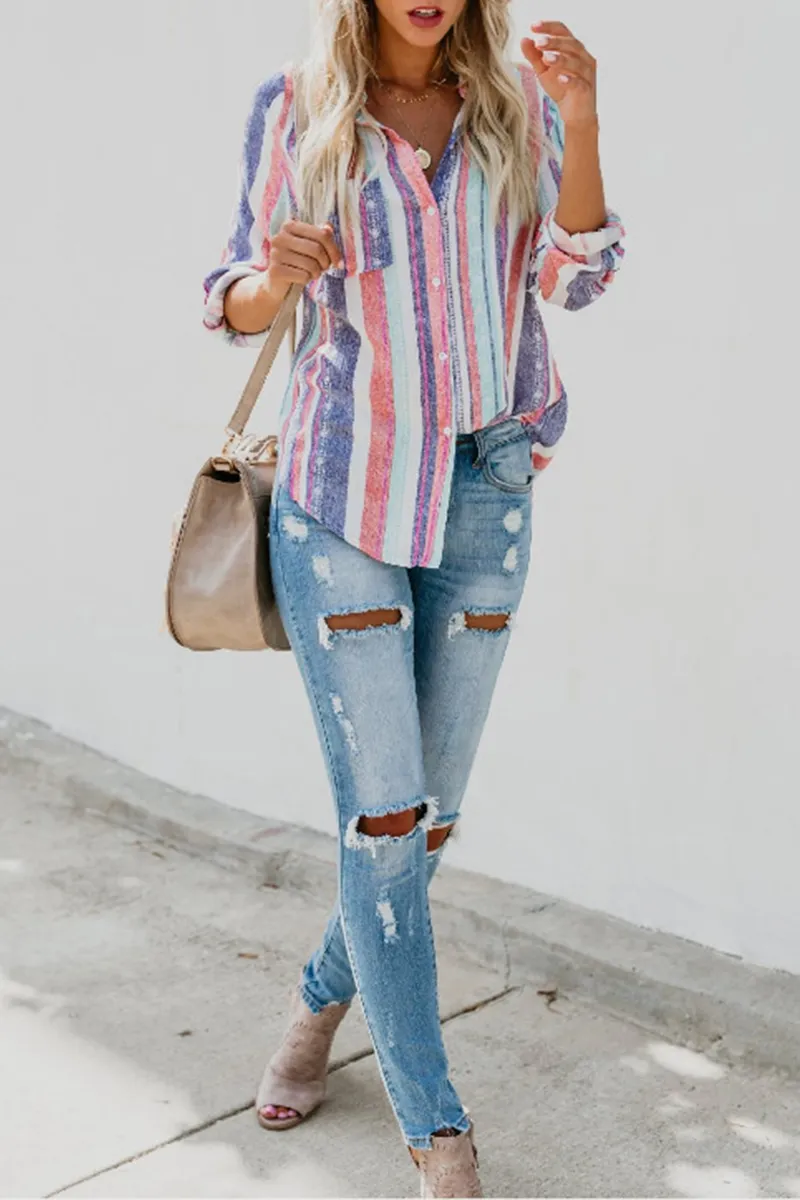 Fashion Striped Patchwork Turndown Collar Tops