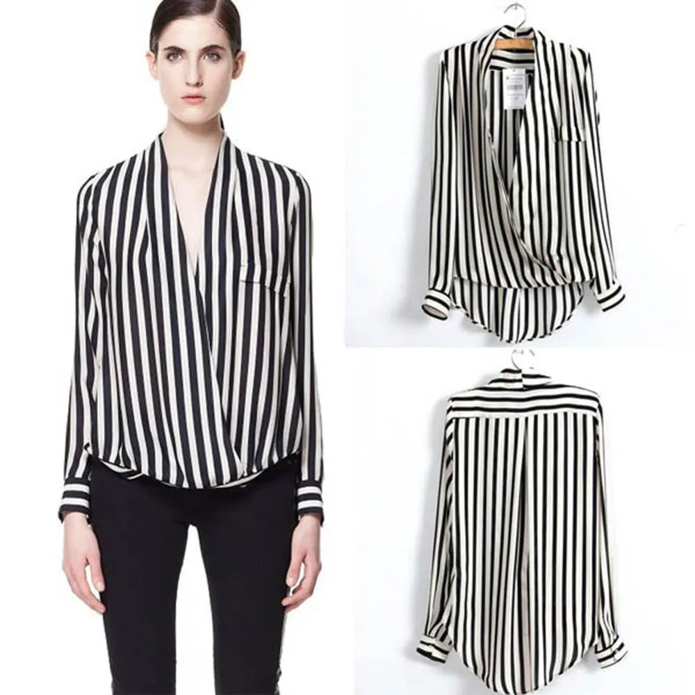 Fashion Women Long Sleeve Chiffon Button Striped Blouse Shirt Lapel Tops Shirt