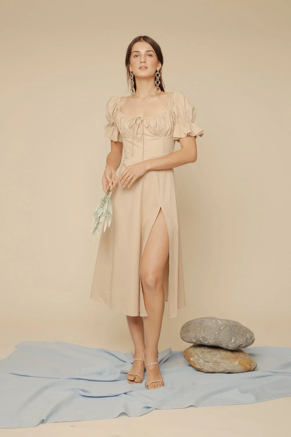 FERNANDA Puff Sleeve Midi Dress with Frill and Drawstring Detail and High Slit (Nude Linen)