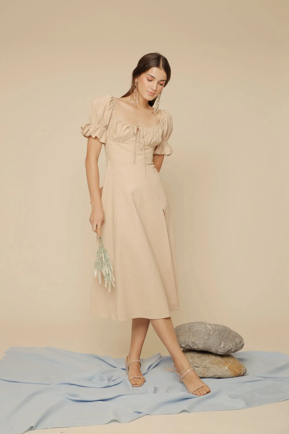 FERNANDA Puff Sleeve Midi Dress with Frill and Drawstring Detail and High Slit (Nude Linen)