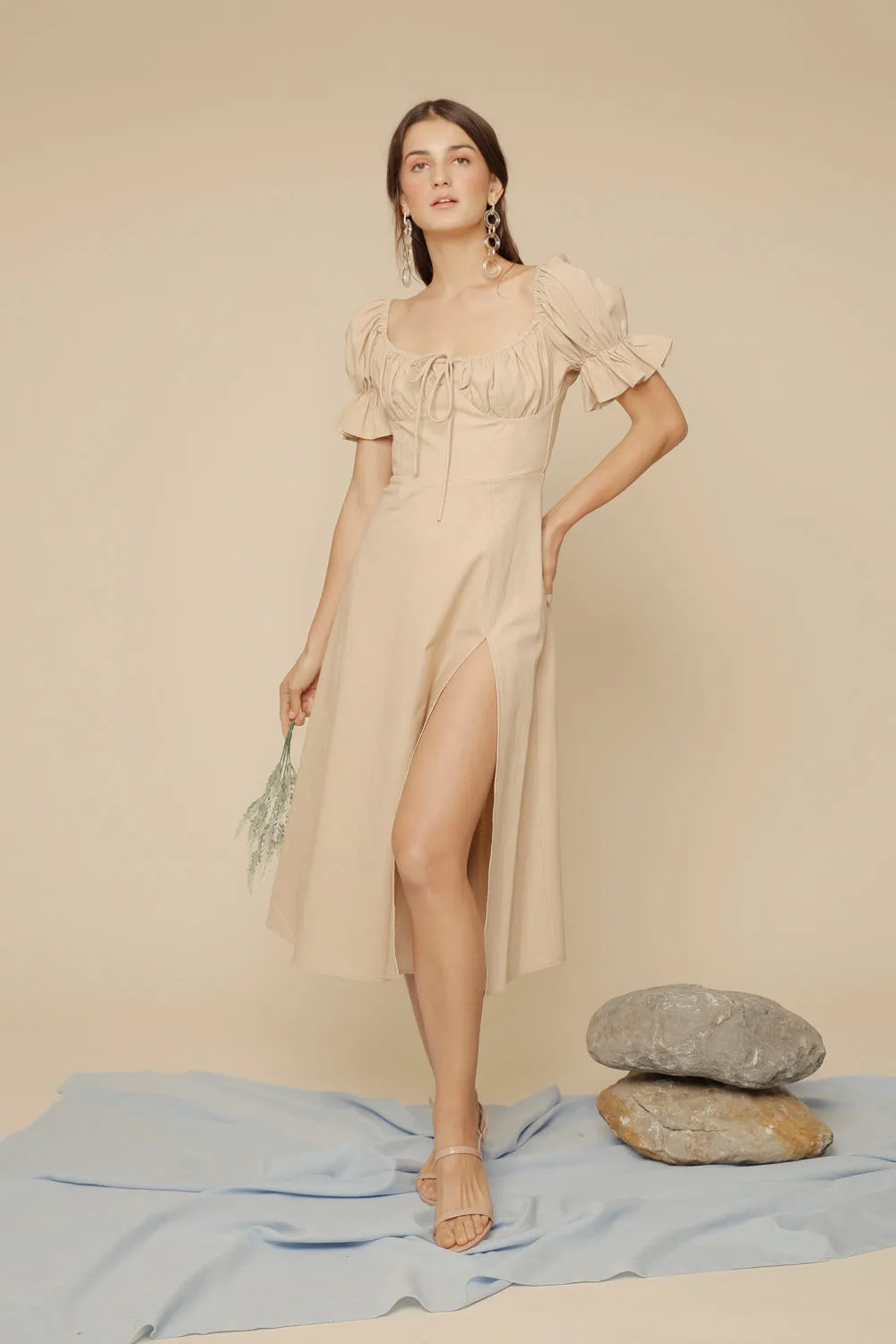 FERNANDA Puff Sleeve Midi Dress with Frill and Drawstring Detail and High Slit (Nude Linen)
