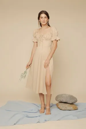 FERNANDA Puff Sleeve Midi Dress with Frill and Drawstring Detail and High Slit (Nude Linen)