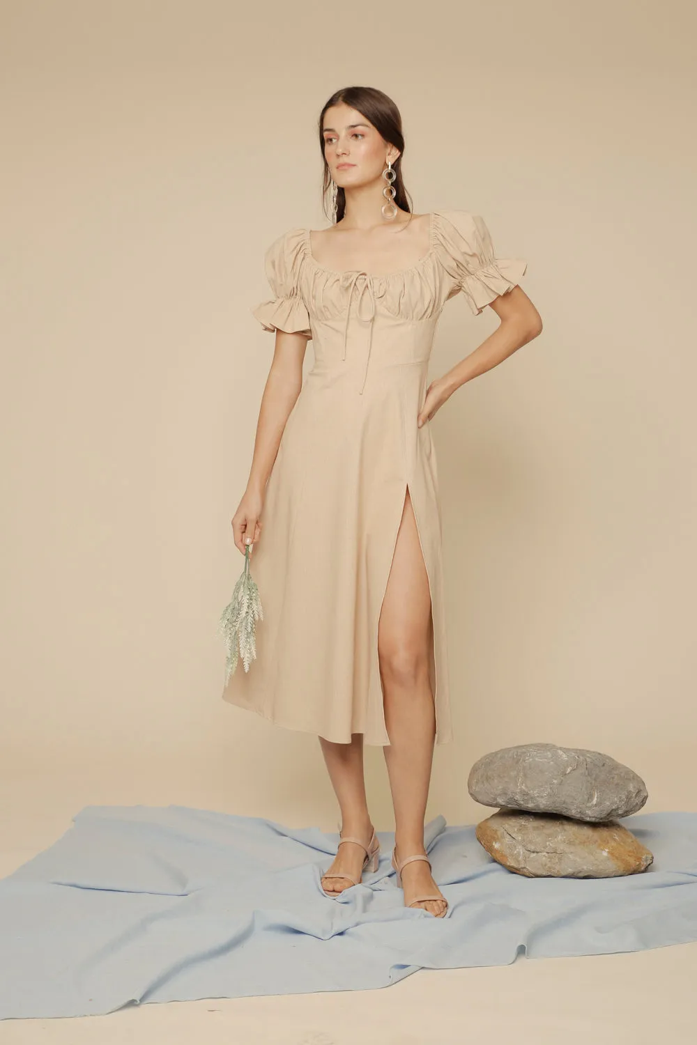 FERNANDA Puff Sleeve Midi Dress with Frill and Drawstring Detail and High Slit (Nude Linen)
