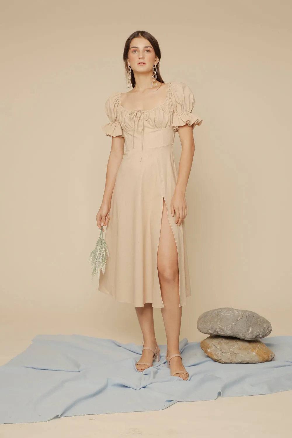 FERNANDA Puff Sleeve Midi Dress with Frill and Drawstring Detail and High Slit (Nude Linen)