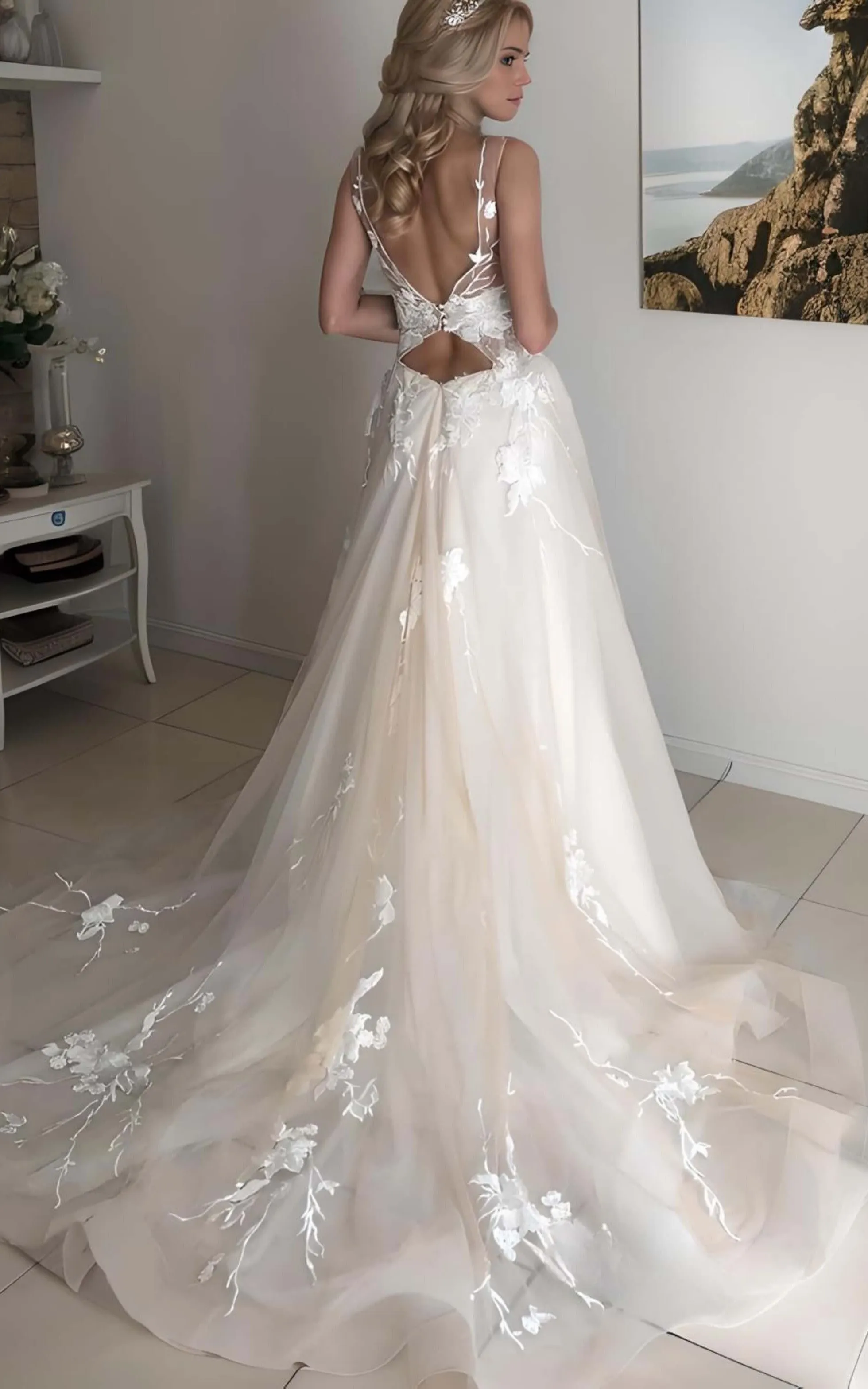 Floral Beach A-Line Bohemian Lace High Neck Wedding Dress Sexy Elegant Backless Sleeveless Bridal Gown with Appliques