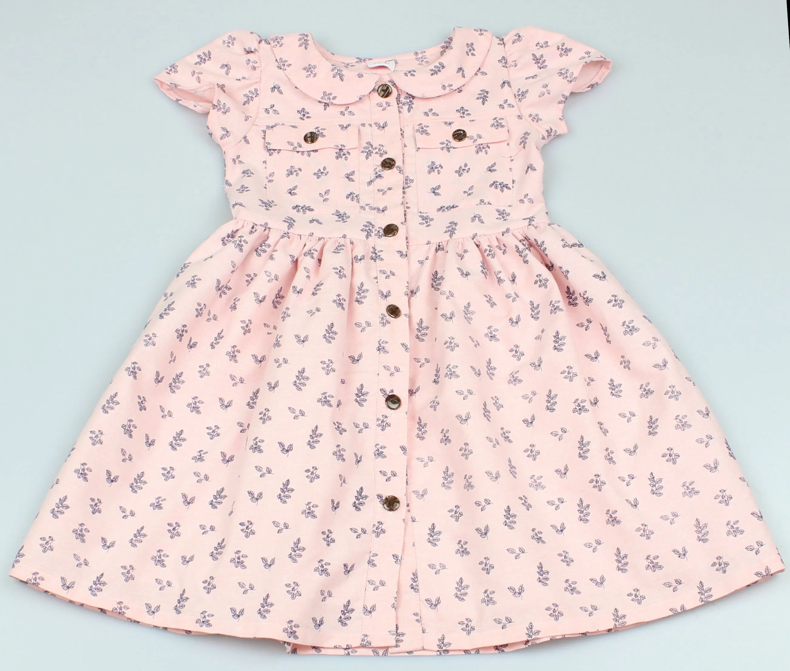 Girls All Over Print Pink/Navy Leaves Dress (3-8 Years0)-GF5035