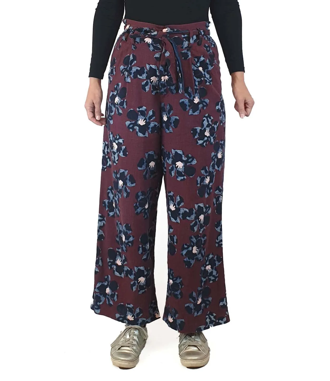 Gorman deep red cotton/linen wide leg pants with flower print size 8