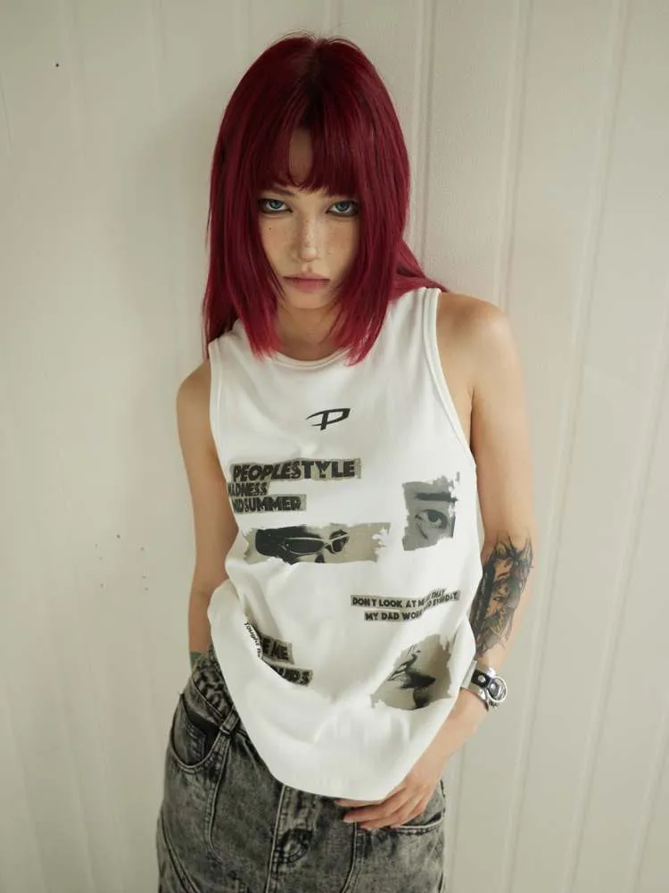 graffiti striped knitted tank top