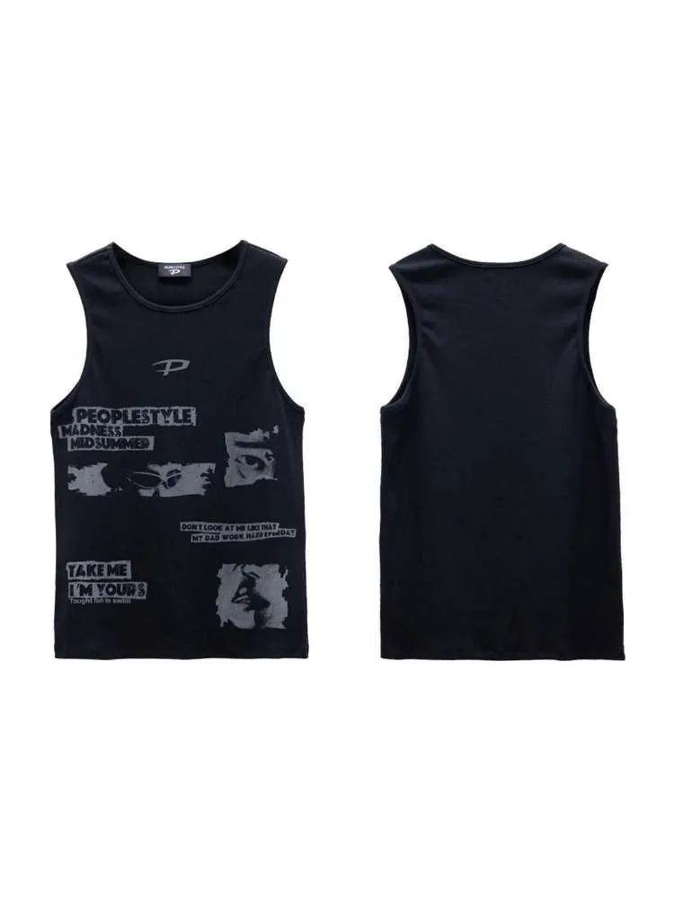 graffiti striped knitted tank top
