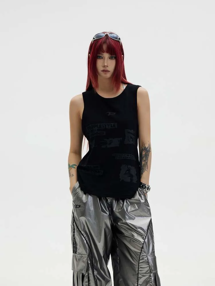 graffiti striped knitted tank top