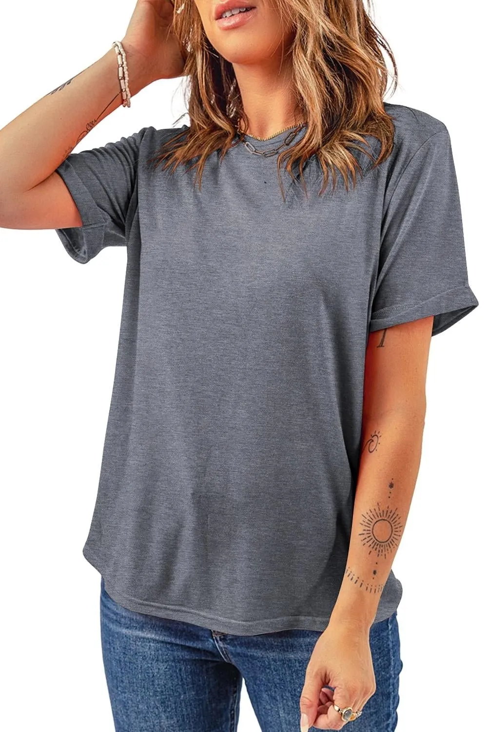 Gray Casual Plain Crew Neck Tee