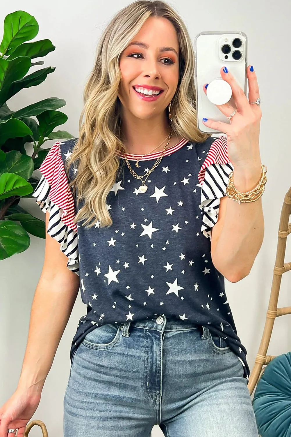 Gray Striped Ruffled Sleeve Star Print T Shirt