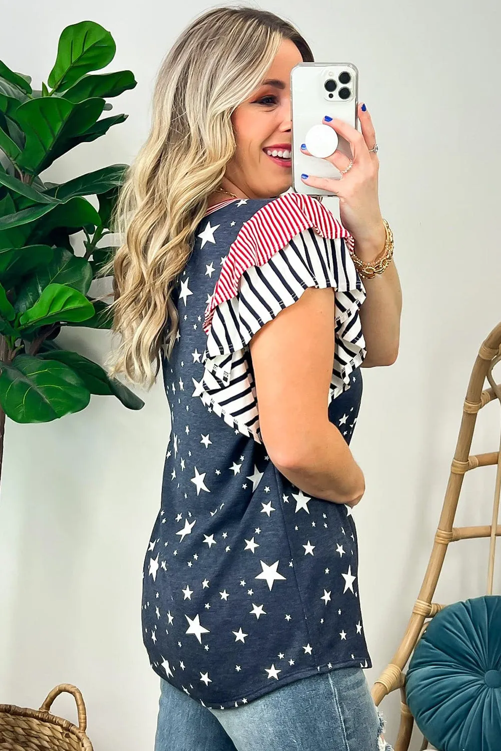 Gray Striped Ruffled Sleeve Star Print T Shirt