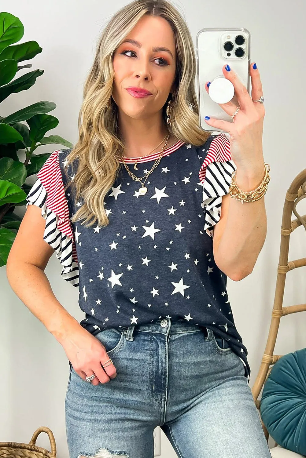 Gray Striped Ruffled Sleeve Star Print T Shirt