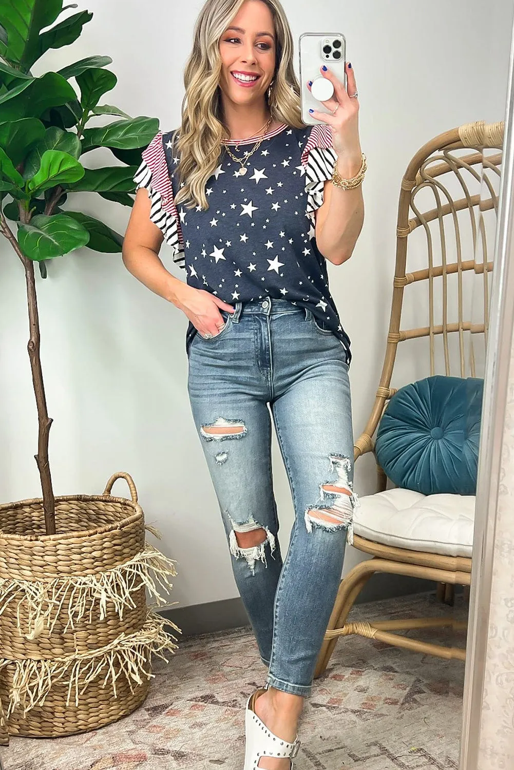 Gray Striped Ruffled Sleeve Star Print T Shirt