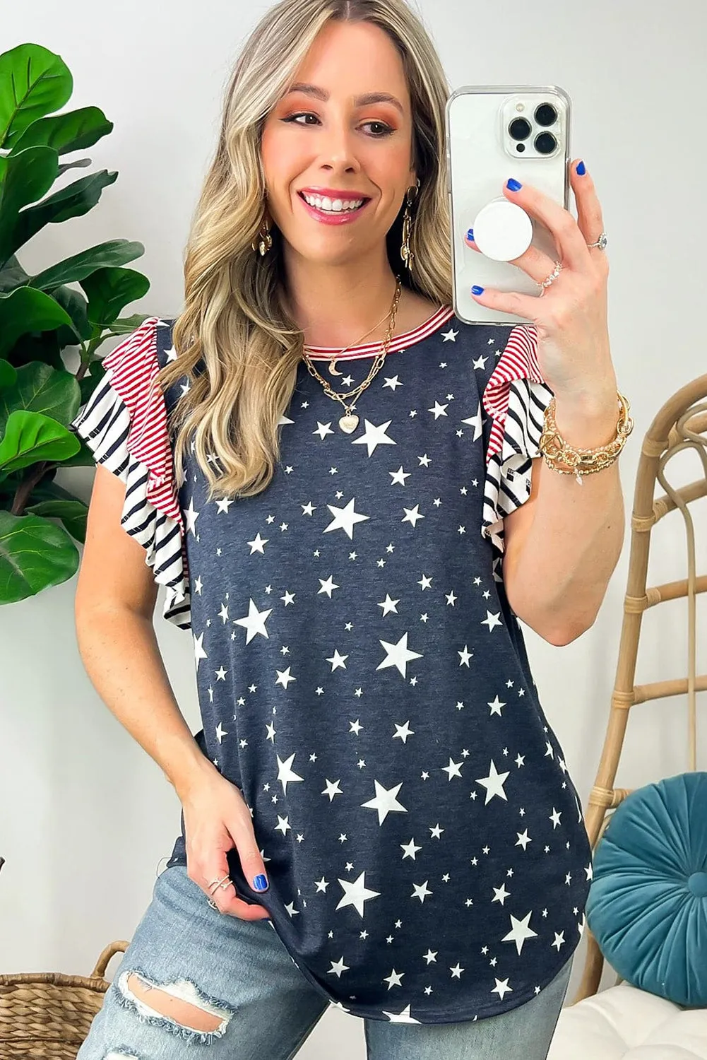 Gray Striped Ruffled Sleeve Star Print T Shirt