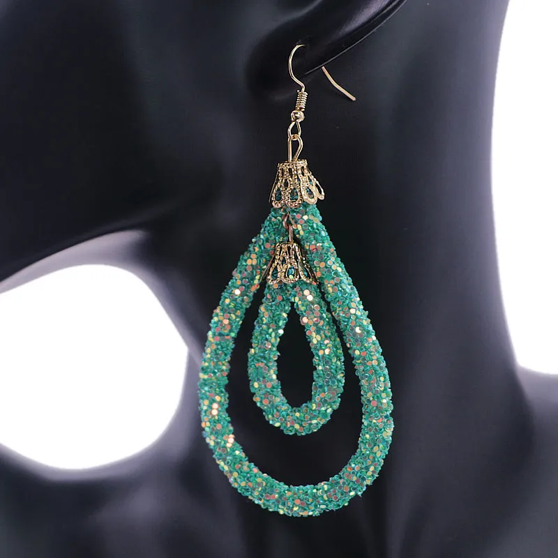 Green Sequin Confetti Double Teardrop Hoop Earrings