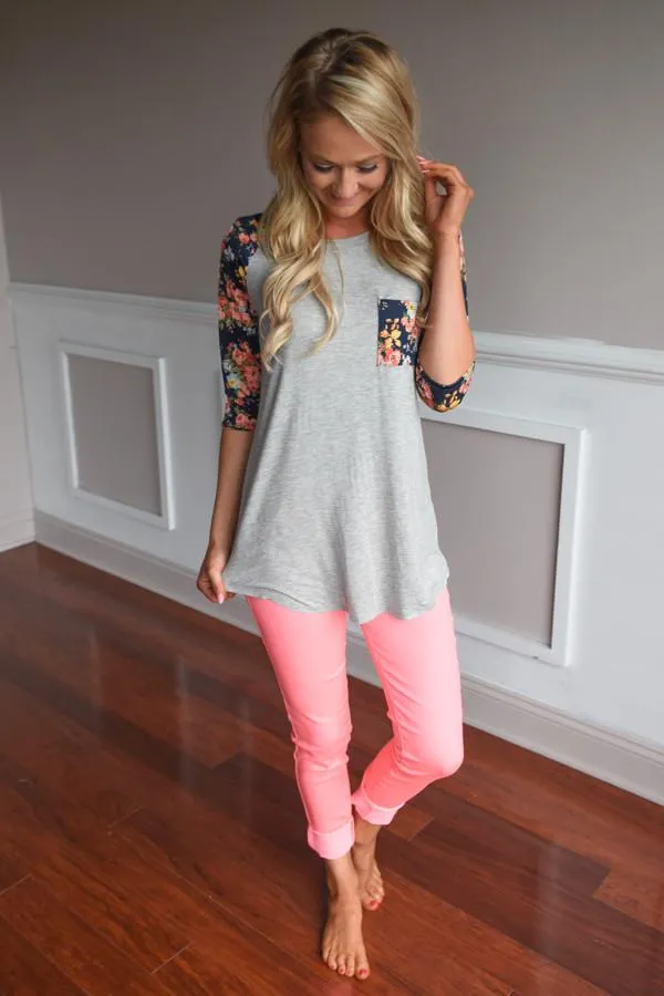 Grey Baseball Tee Navy Floral Sleeves Top