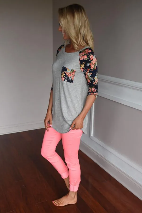Grey Baseball Tee Navy Floral Sleeves Top