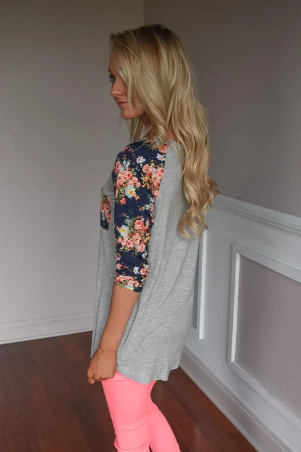 Grey Baseball Tee Navy Floral Sleeves Top