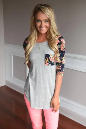 Grey Baseball Tee Navy Floral Sleeves Top