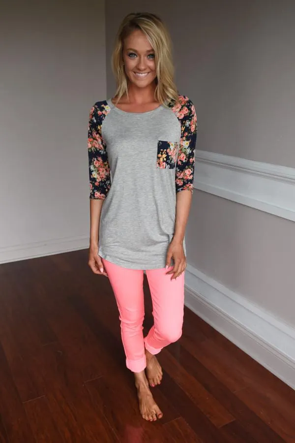 Grey Baseball Tee Navy Floral Sleeves Top