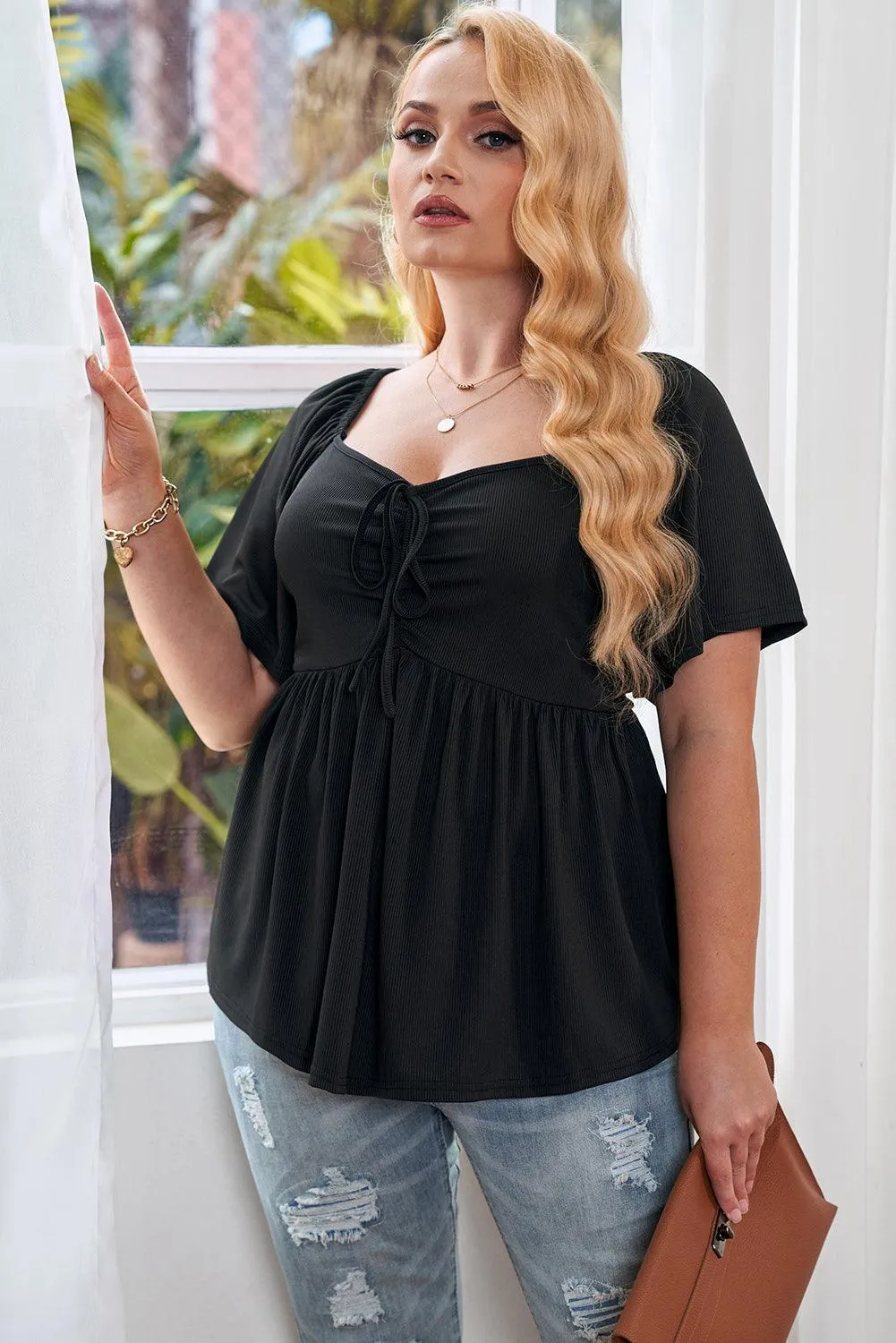 Hazel Blues® | Drawstring Sweetheart Neck Babydoll Blouse