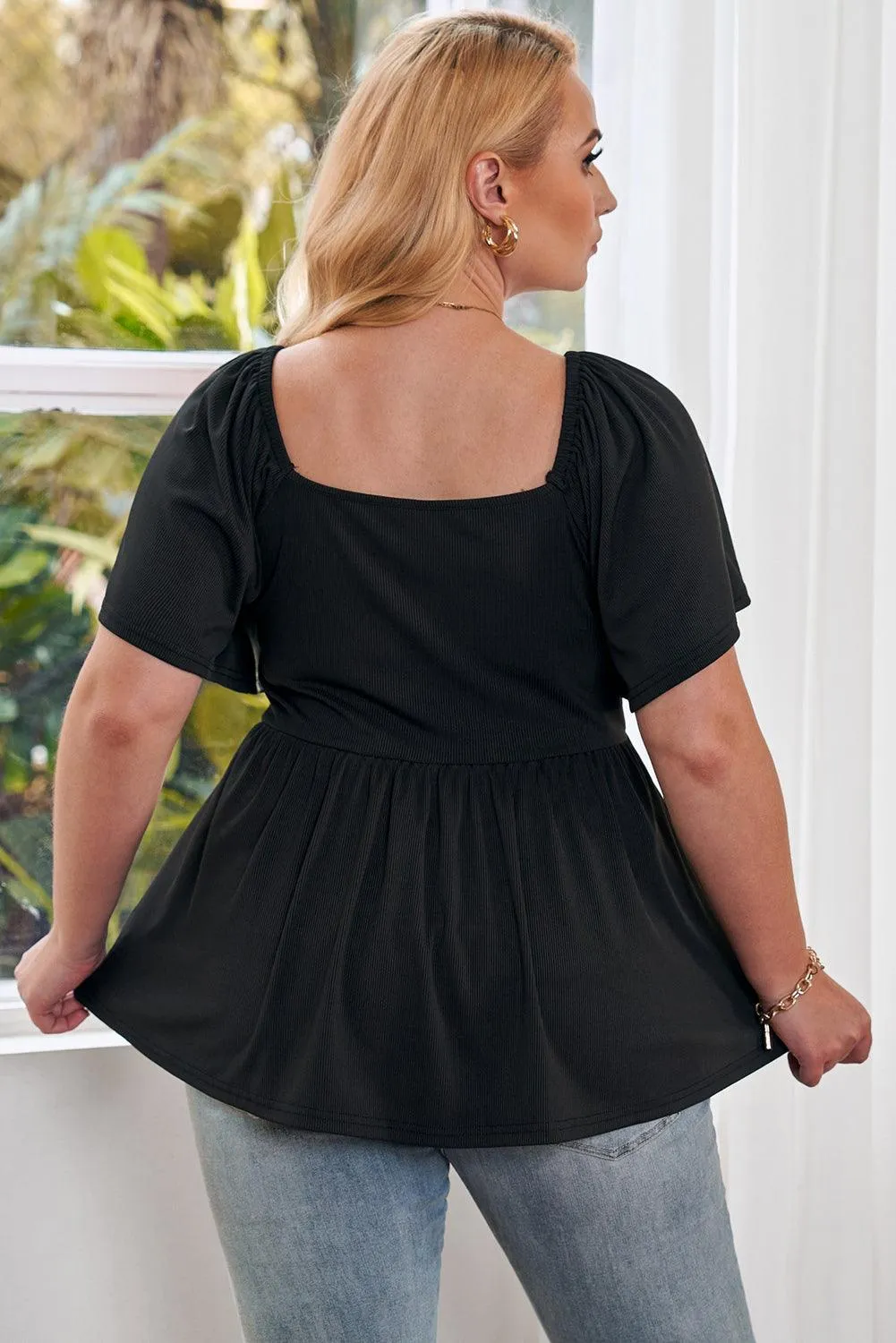 Hazel Blues® | Drawstring Sweetheart Neck Babydoll Blouse