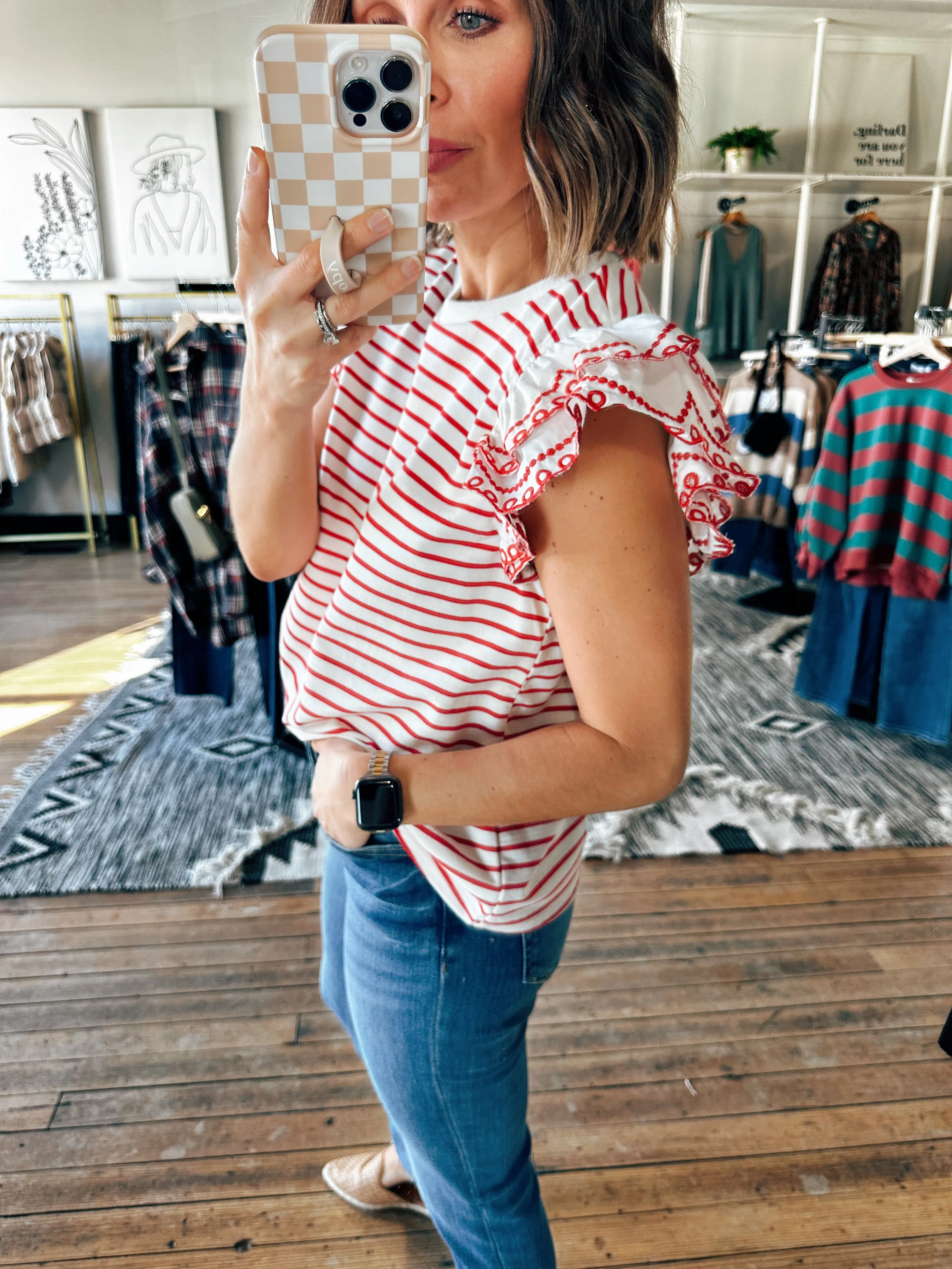 Heartbeat Striped Layer Flutter Sleeve Top