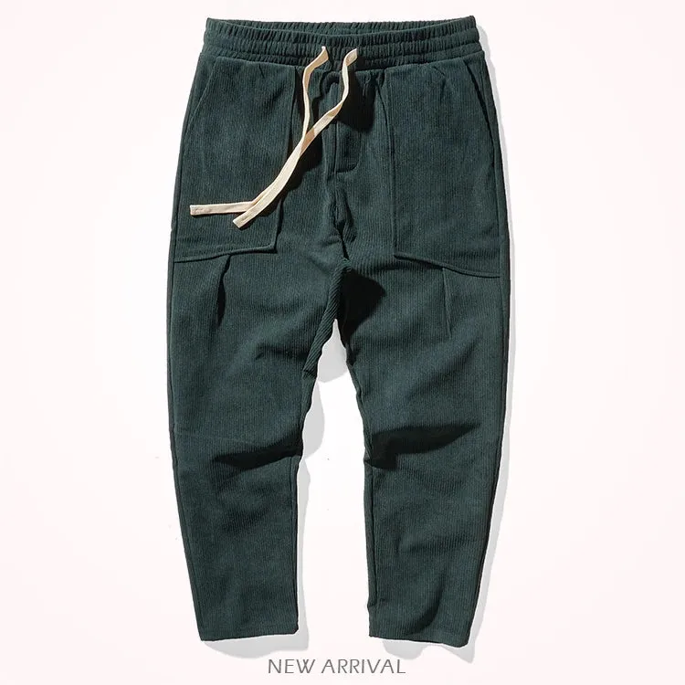 Heavyweight Corduroy Cargo Pants - Men's Fashion Washed Loose Drawstring Sport Casual Trousers