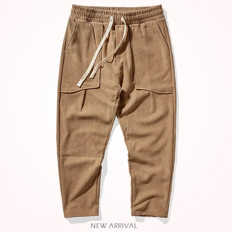 Heavyweight Corduroy Cargo Pants - Men's Fashion Washed Loose Drawstring Sport Casual Trousers