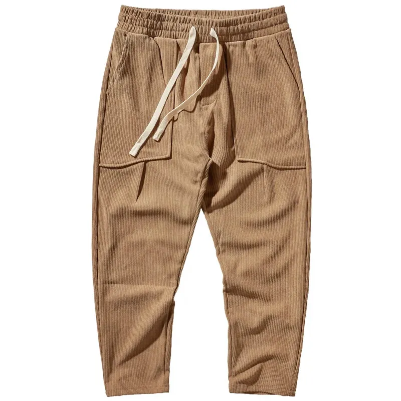 Heavyweight Corduroy Cargo Pants - Men's Fashion Washed Loose Drawstring Sport Casual Trousers