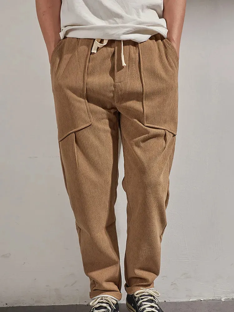 Heavyweight Corduroy Cargo Pants - Men's Fashion Washed Loose Drawstring Sport Casual Trousers