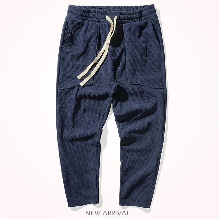 Heavyweight Corduroy Cargo Pants - Men's Fashion Washed Loose Drawstring Sport Casual Trousers