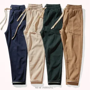 Heavyweight Corduroy Cargo Pants - Men's Fashion Washed Loose Drawstring Sport Casual Trousers