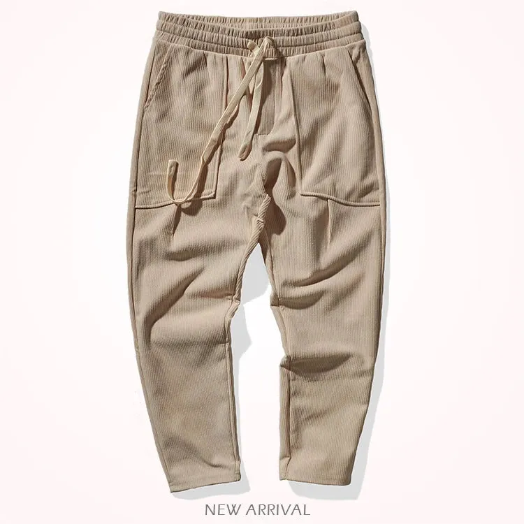 Heavyweight Corduroy Cargo Pants - Men's Fashion Washed Loose Drawstring Sport Casual Trousers
